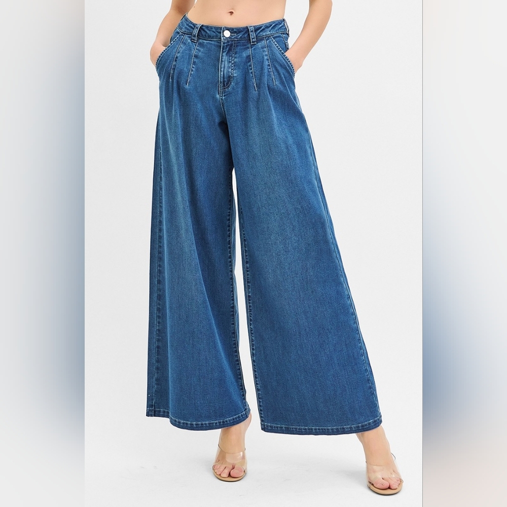 RISEN Palazzo Baggy Mid-Rise Pleated Ultra Wide Oversized Leg Jeans Denim Pants - Picture 16 of 16